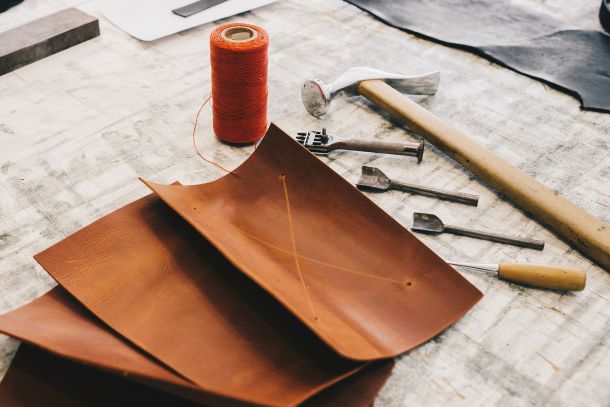 leather pieces with leather making tools
