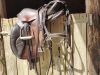 leather horse saddle on a wooden door
