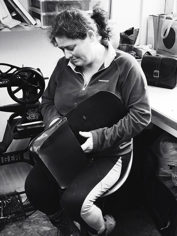 Amanda Making Custom Leather Products in Cornwall